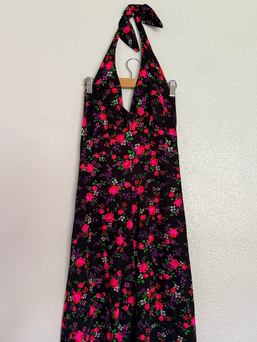 Vintage 1970s Psychedelic Floral Print Halter Maxi Dress Handmade Hippie